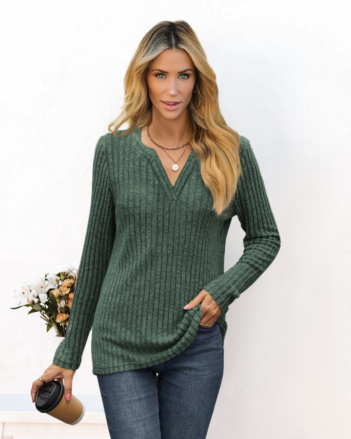 Ladies fine ribbed knit shirt with deep V-neck and tunic length Mune Fashion