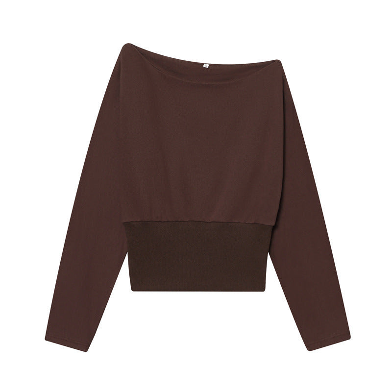 Women's Off-Shoulder Cropped Sweatshirt with Wide Boat Neck and Waistband Mune Fashion