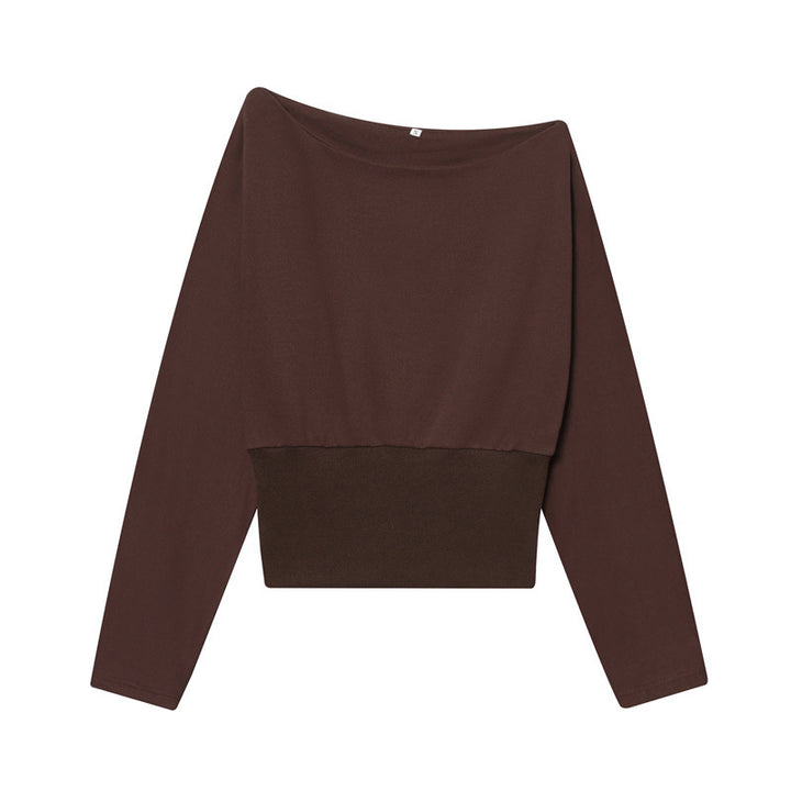 Women's Off-Shoulder Cropped Sweatshirt with Wide Boat Neck and Waistband Mune Fashion