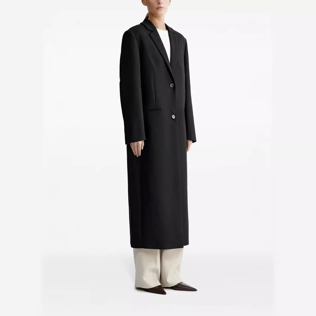 Ladies long cut single-breasted oversized coat with narrow lapels Mune Fashion