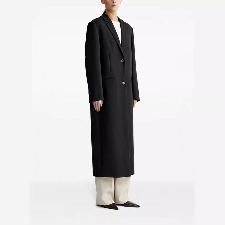 Ladies long cut single-breasted oversized coat with narrow lapels Mune Fashion