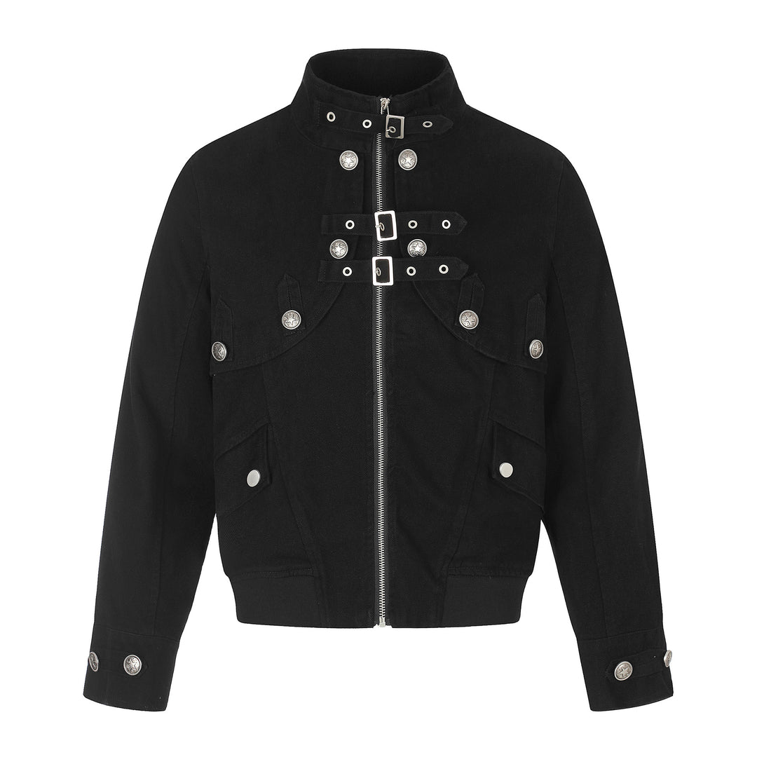 Women's short jacket in boxy cut with stand-up collar, buckle straps, and flap pockets.
