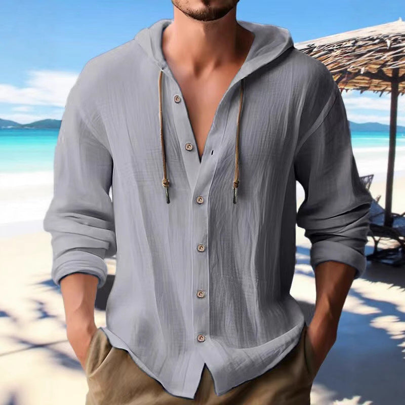 Men's casual linen shirt with hood, button placket, and roll-up sleeves Mune Fashion