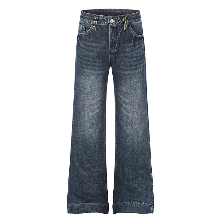Women's Wide High-Waist Denim Palazzo Jeans with Wide Legs and Vintage Wash Mune Fashion