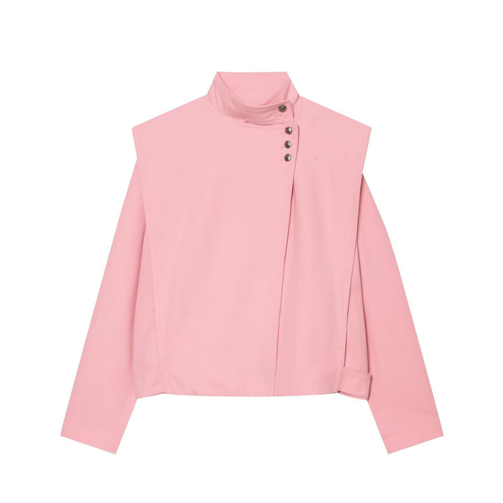Women's short boxy jacket with stand-up collar and asymmetrical button placket Mune Fashion