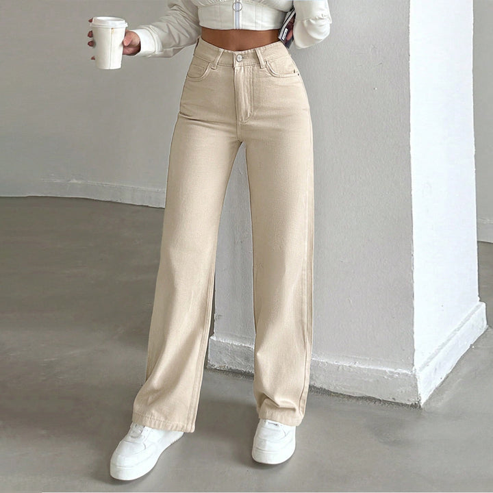 Women's High-Waisted Wide Five-Pocket Pants Made of Stretch Denim with Flared Leg Mune Fashion