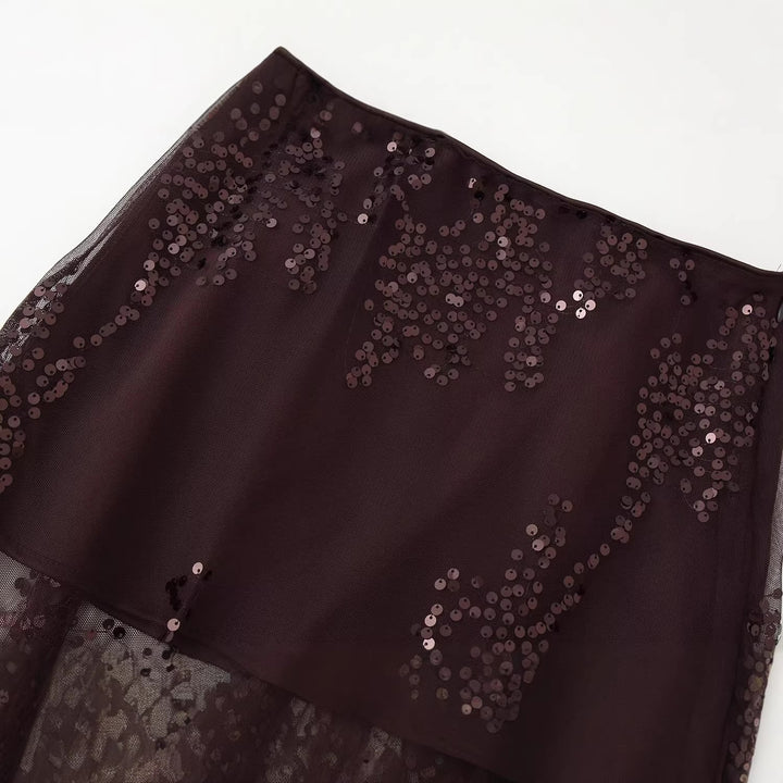 Women's Long Tulle Skirt with Sequin Trim and Opaque Lining Mune Fashion