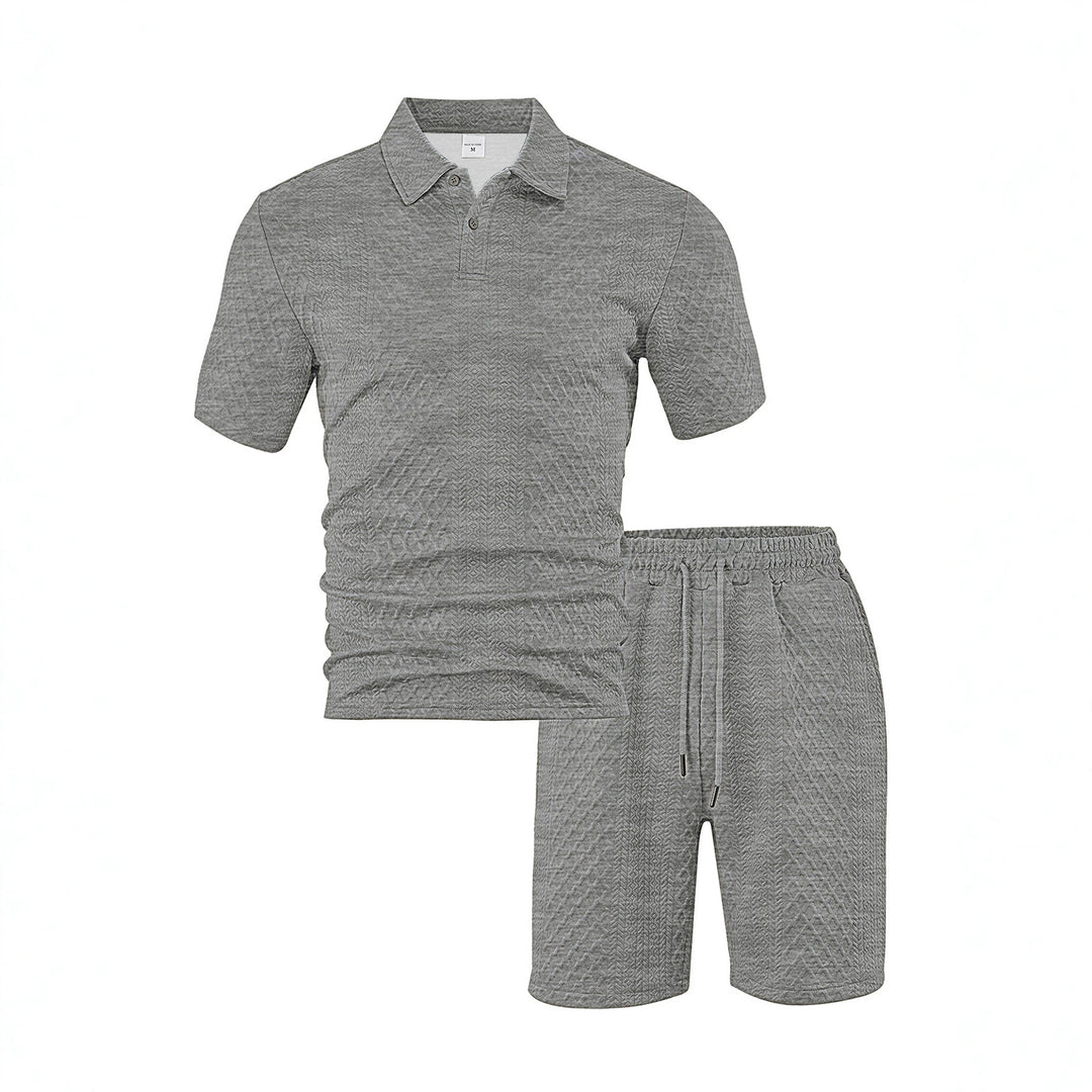 Men's elegant leisure two-piece made of textured knit with polo collar short-sleeve shirt and drawstring Bermuda Mune Fashion