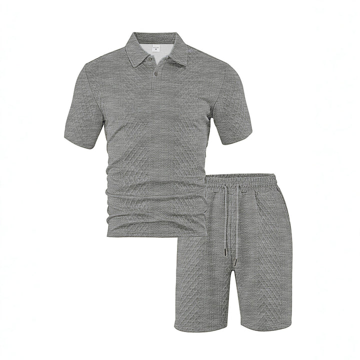 Men's elegant leisure two-piece made of textured knit with polo collar short-sleeve shirt and drawstring Bermuda Mune Fashion