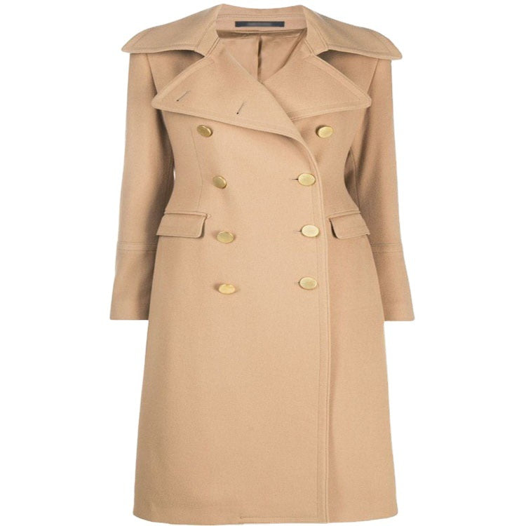 Women Tailored Double-Breasted Coat with Wide Lapels and Gold Decorative Buttons Mune Fashion