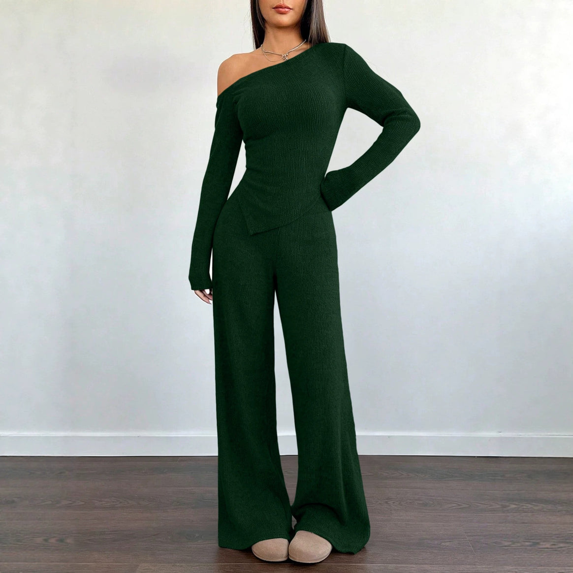 Women's Asymmetrical Knit Lounge Set with One-Shoulder Top and Wide Leg Mune Fashion