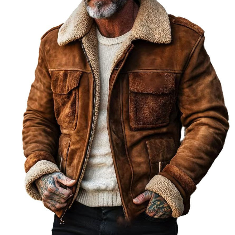 Men's flight jacket made of suede leather with teddy lining and patch pockets Mune Fashion