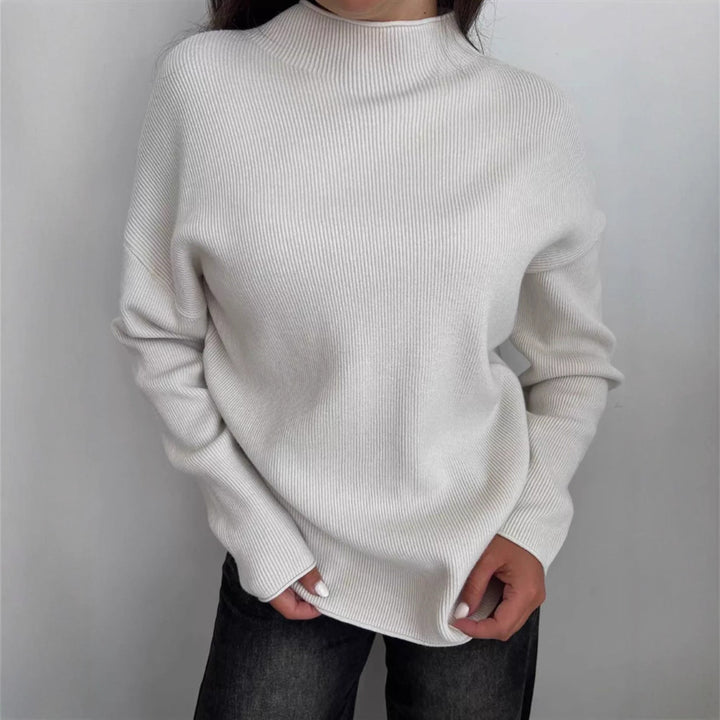 Women's Oversize Fine Knit Sweater with Stand-Up Collar and Ribbed Texture Mune Fashion