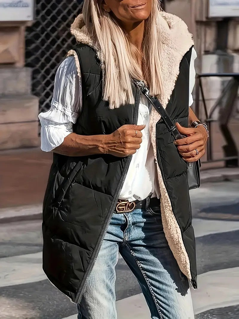 Women's Padded Hooded Vest with Teddy Lining and Side Pockets Mune Fashion