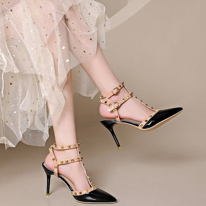 Women's Lace T-Strap Stiletto Sandal with Pyramid Studs and Adjustable Ankle Strap Mune Fashion