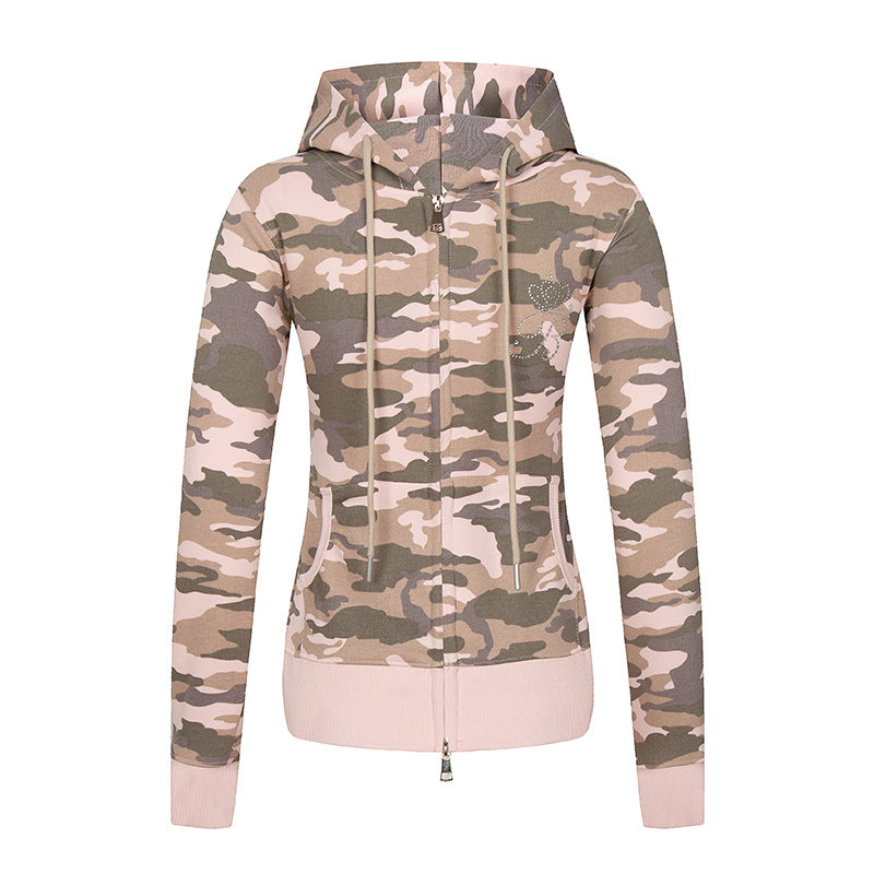 Women's hoodie sweatshirt jacket with two-way zipper, camouflage print and rhinestone butterfly Mune Fashion