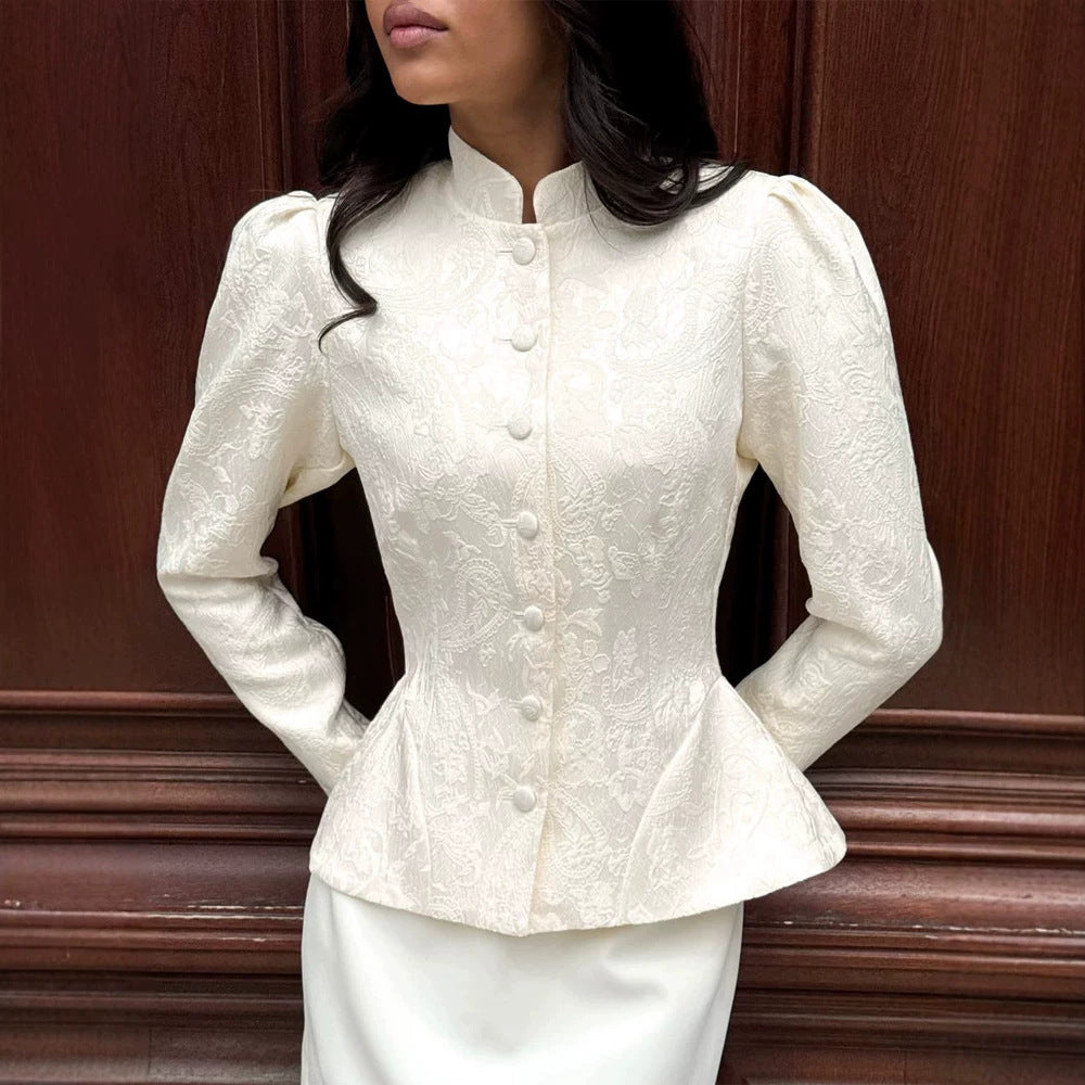 Women tailored jacquard blouse with stand-up collar and decorative button placket Mune Fashion