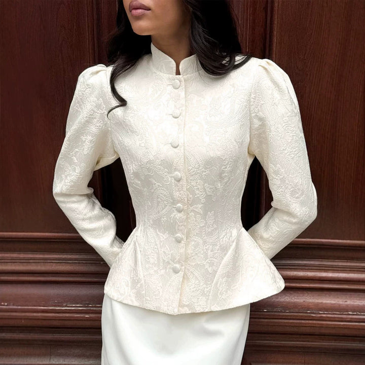 Women tailored jacquard blouse with stand-up collar and decorative button placket Mune Fashion