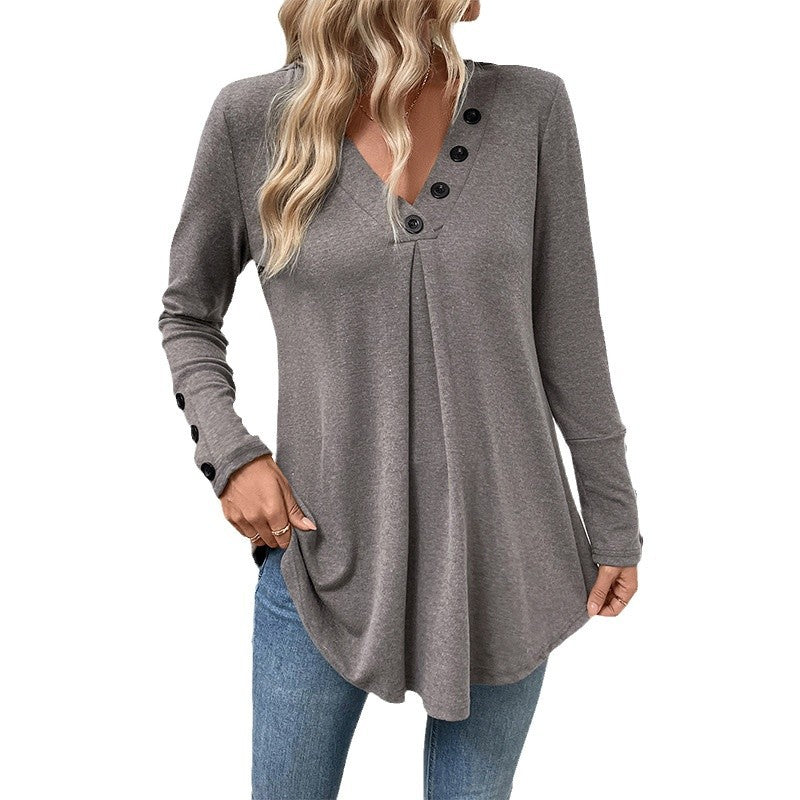 Women's Longer V-Neck Tunic Shirt with Decorative Buttons, Pleat and Flared Hem Mune Fashion