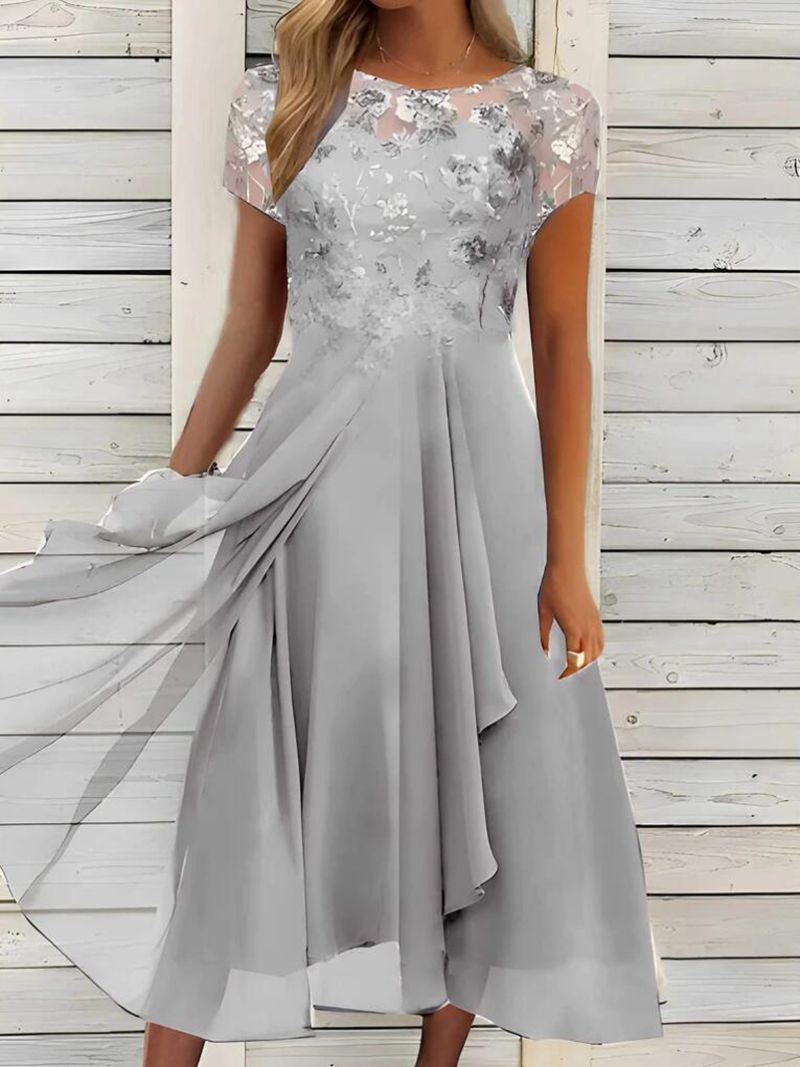 Women's elegant chiffon midi dress with floral lace appliqué and flowing A-line skirt Mune Fashion