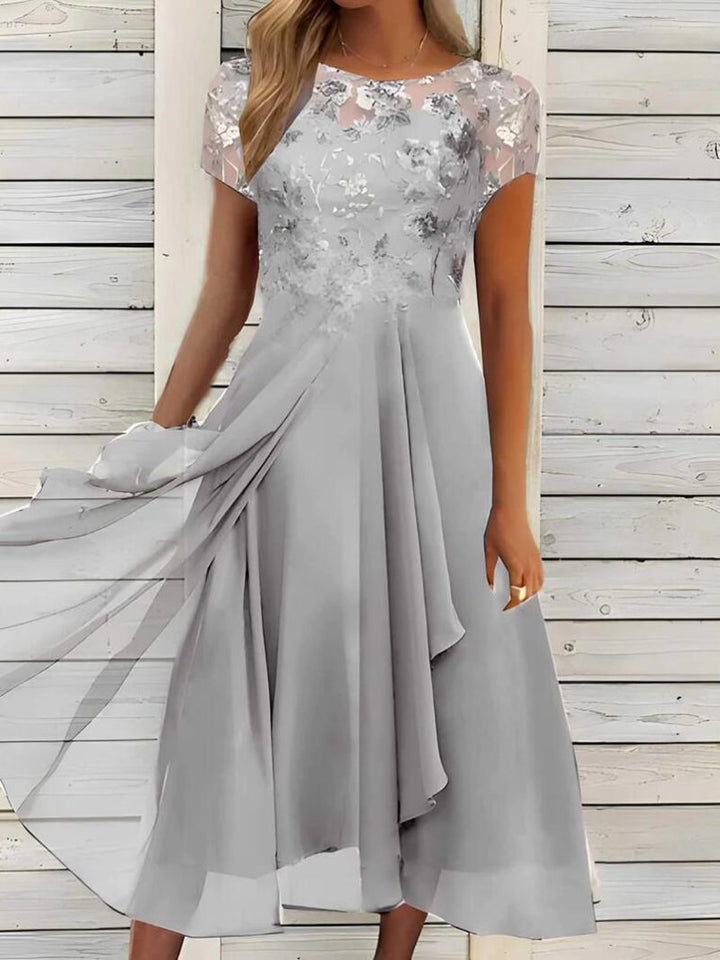Women's elegant chiffon midi dress with floral lace appliqué and flowing A-line skirt Mune Fashion