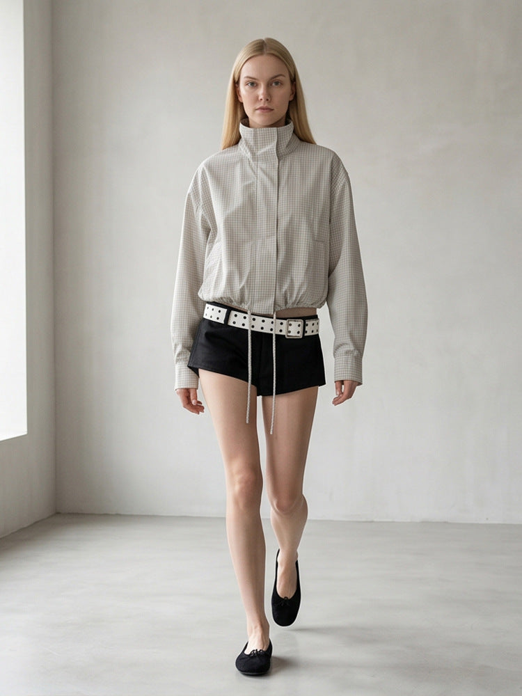 Women’s short cut lightweight transitional jacket with stand-up collar and elastic hem Mune Fashion