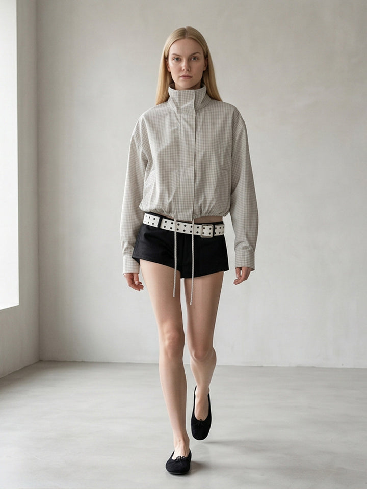 Women’s short cut lightweight transitional jacket with stand-up collar and elastic hem Mune Fashion