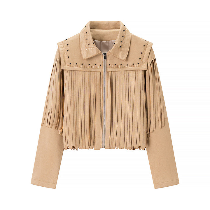 Women's short fringed jacket made of suede look with zipper and studded embellishment Mune Fashion
