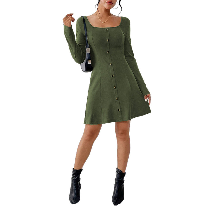 Women’s flared knit corset dress with continuous button placket, square neck and figure-shaping dividing seams Mune Fashion