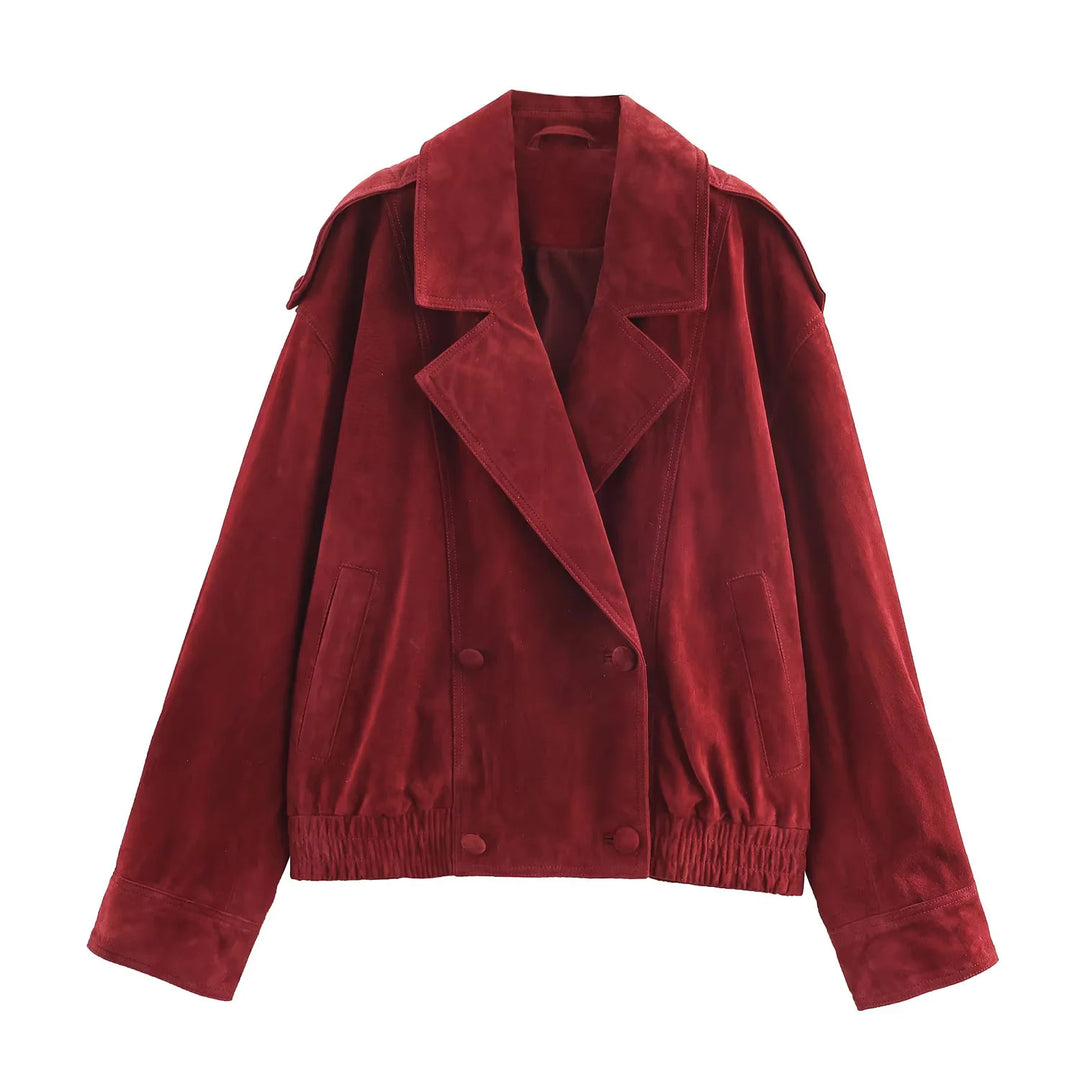 Women's oversized suede-look bomber jacket with large shawl collar, double-breasted and elastic hem Mune Fashion