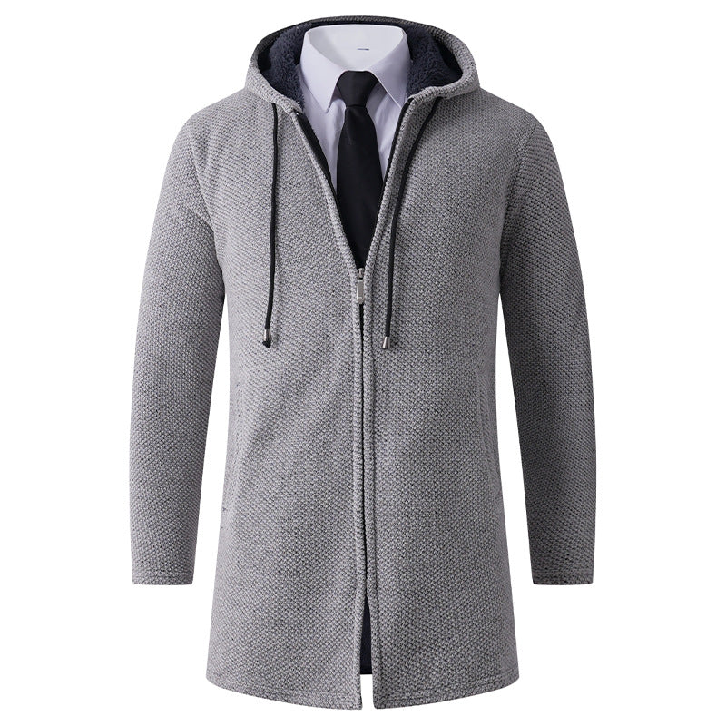 Men's fitted knit coat with hood, full-length zipper and warming teddy lining inside Mune Fashion