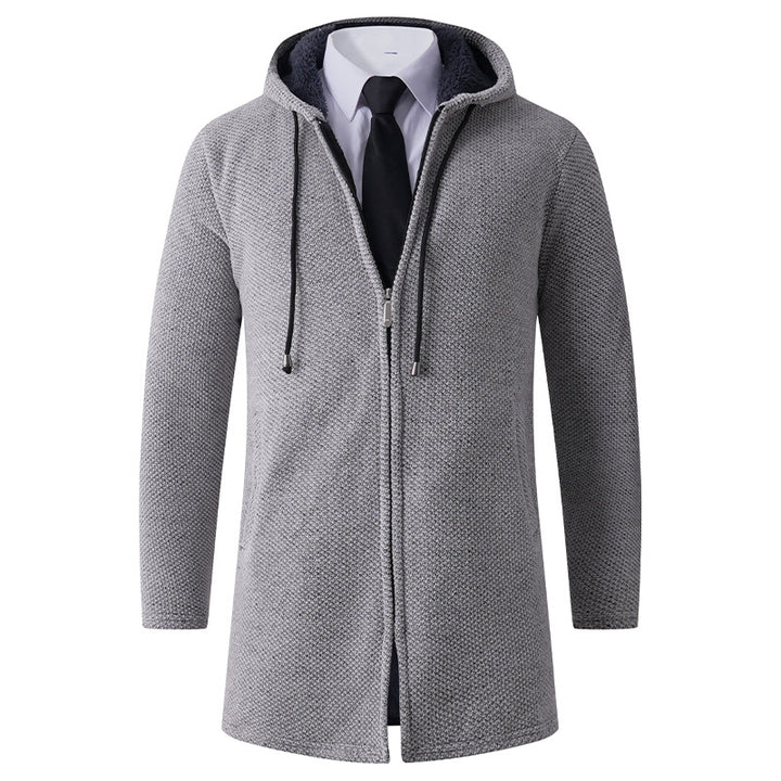 Men's fitted knit coat with hood, full-length zipper and warming teddy lining inside Mune Fashion