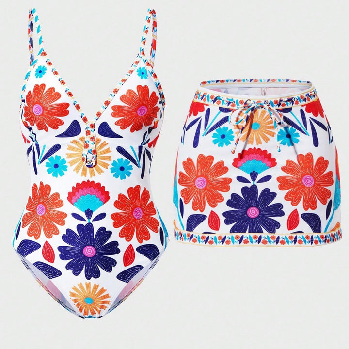 Ladies bikini set with floral design and matching skirt Mune Fashion
