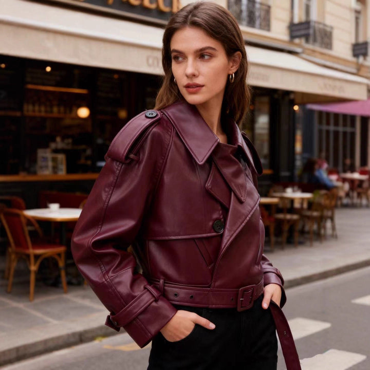 Women's nan cropped faux leather trench coat with shoulder flaps, fitted belt, and adjustable cuffs Mune Fashion