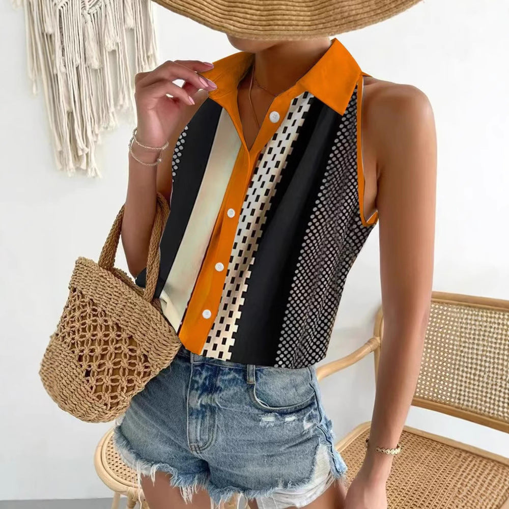 Women's sleeveless shirt top with pointed collar, contrasting button placket and geometric dot and stripe pattern Mune Fashion
