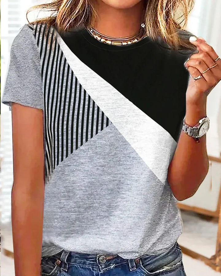 Women's Colorblock Long Sleeve Shirt with Diagonal Stripe Design and Round Neckline Mune Fashion