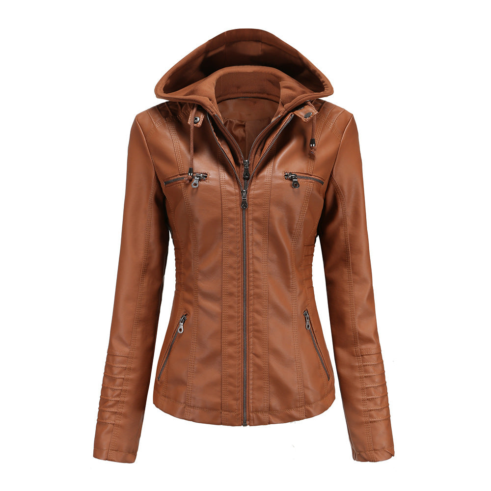 Women nan tailored faux leather jacket with hood, quilted arm flap and concealed zipper pockets Mune Fashion