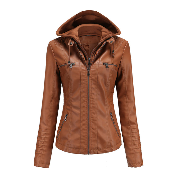Women nan tailored faux leather jacket with hood, quilted arm flap and concealed zipper pockets Mune Fashion