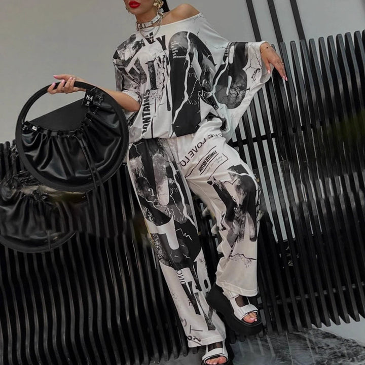 Ladies two-piece wide satin leisure set with off-shoulder batwing top and palazzo pants Mune Fashion