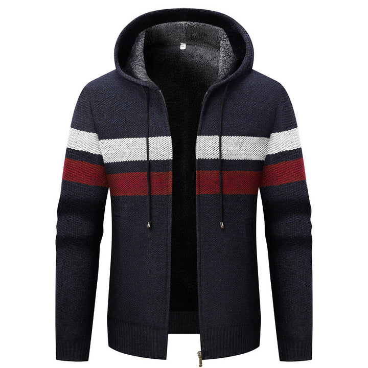 Men's knit zip hoodie with teddy lining, full-length zipper and block stripes Mune Fashion