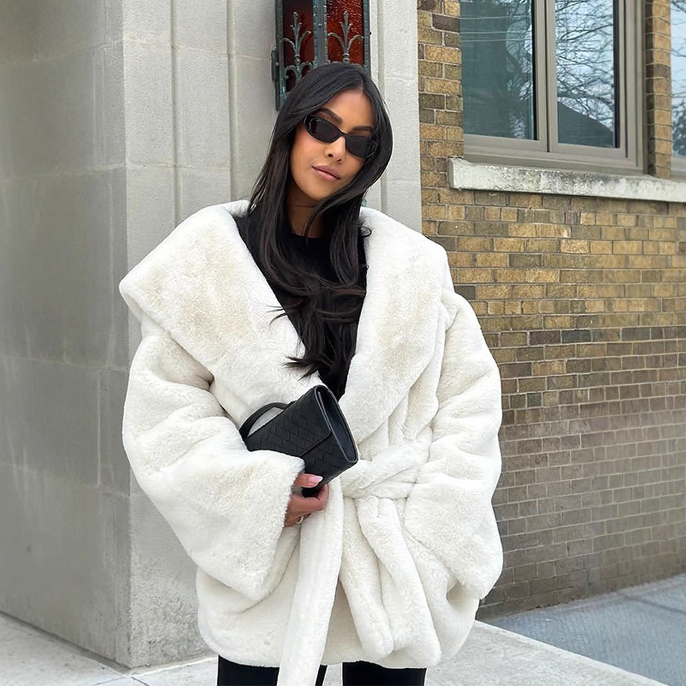 Women's Boxy Teddy Jacket with Wrap Belt and Oversized Shawl Collar Mune Fashion