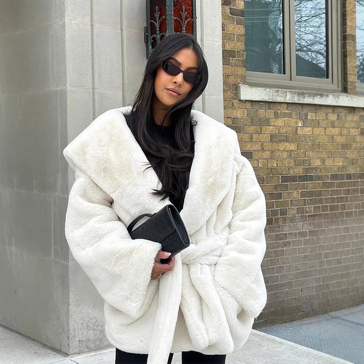 Women's Boxy Teddy Jacket with Wrap Belt and Oversized Shawl Collar Mune Fashion