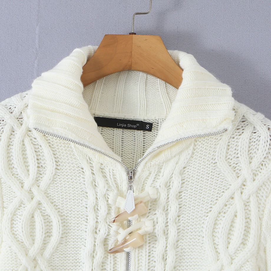 Ladies short knitted cardigan with stand-up collar, cable pattern, wooden button toggles and pockets Mune Fashion