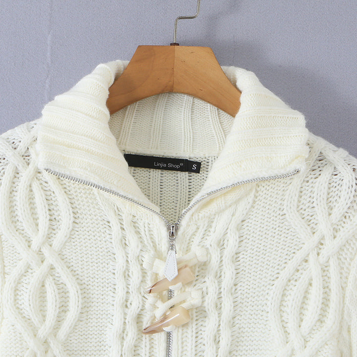 Ladies short knitted cardigan with stand-up collar, cable pattern, wooden button toggles and pockets Mune Fashion
