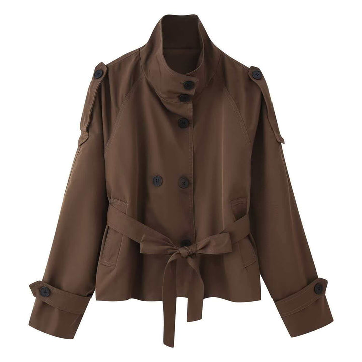 Women's short tailored trench coat with high standing collar, double-breasted button placket, and adjustable tie belt Mune Fashion