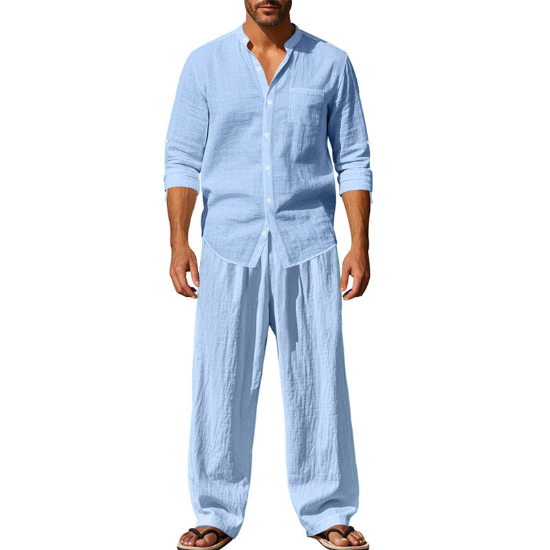 Men's Nan Leisure Linen Relax Set with Stand-Up Collar Shirt and Loose Drawstring Pants Mune Fashion