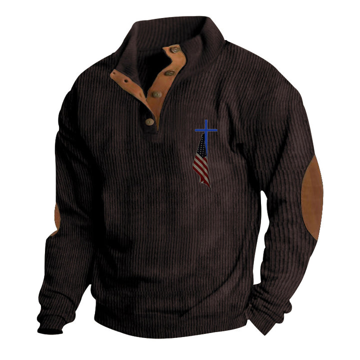 Men's structured troyer with faux leather elbow patches, V-button placket, and discreet emblem Mune Fashion