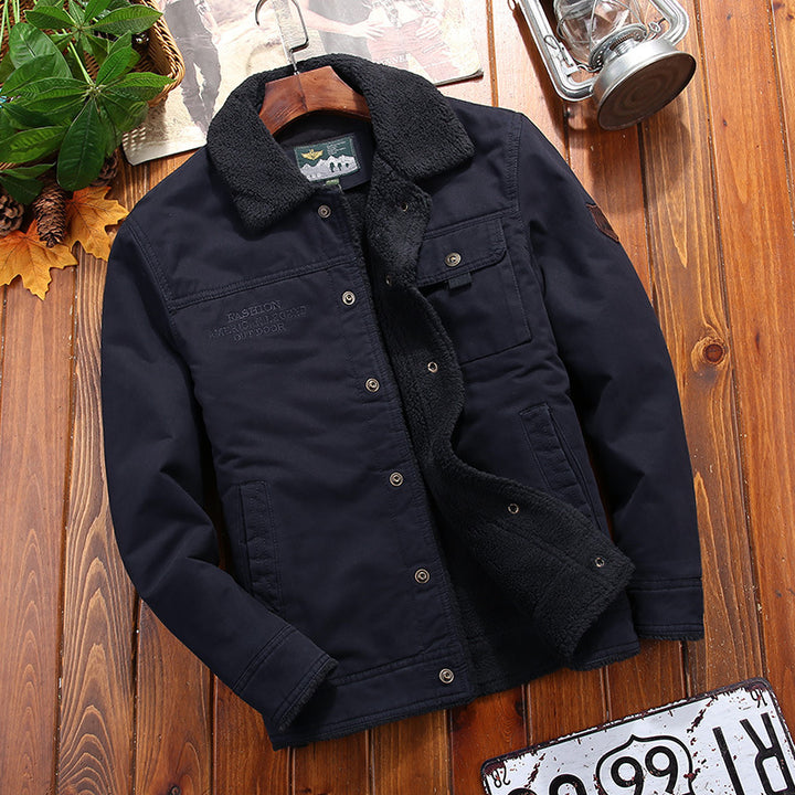 Men's Canvas Field Jacket with Sherpa Lining and Shirt Collar Mune Fashion