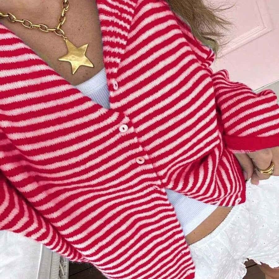 Women's Striped Oversize Knit Cardigan with Button Placket and Maritime Look Mune Fashion
