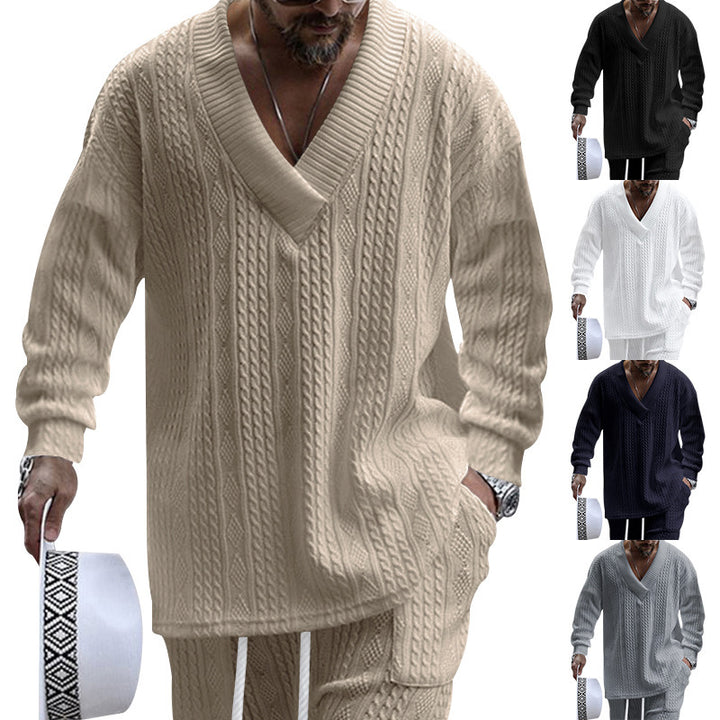 Men's Cable Knit Loungewear Set with Deep V-Neck, Relaxed Fit & Drawstring Pants Mune Fashion